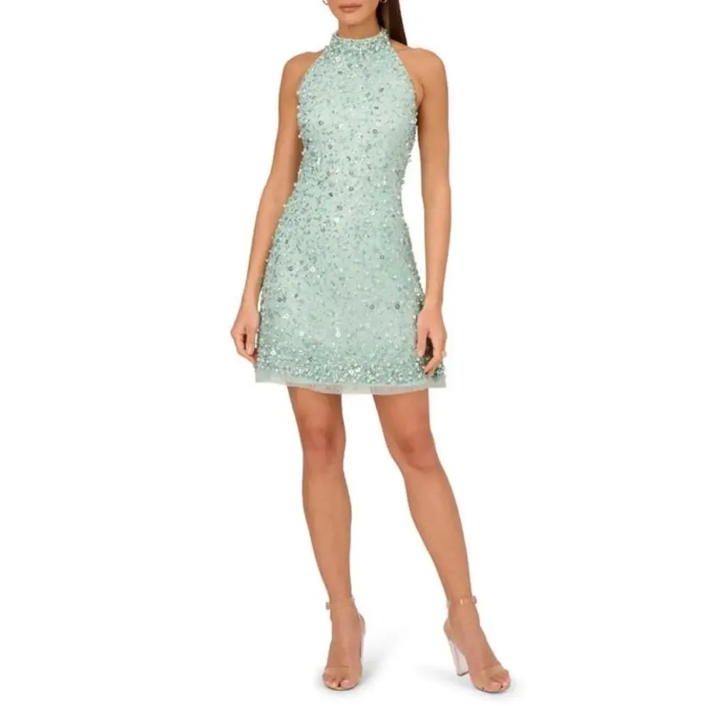 adrianna papell beaded halter cocktail dress Adrianna Papell Art Deco Beaded Blouson Dress With Halter Neckline